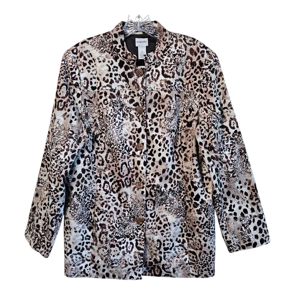 CHICO'S 2 Women's 12 Jacket Button Up Animal Print Brown Beige Career 42"